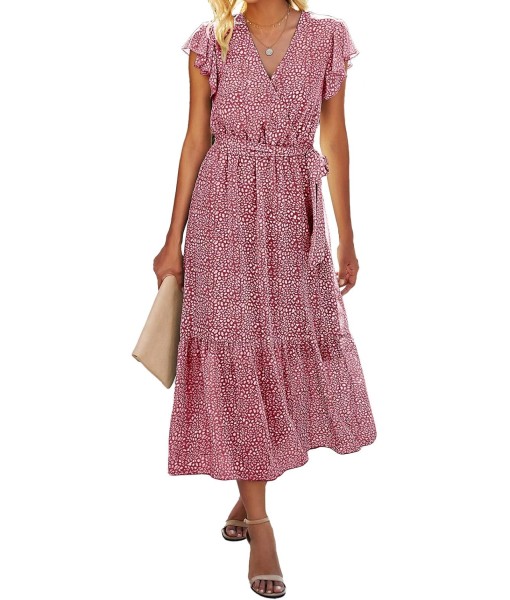 BTFBM Women Summer Bohemian Floral Casual Wrap V Neck Ruffle Cap Sleeveless Belt A-Line Pleated Hem Midi Sun Dress White
