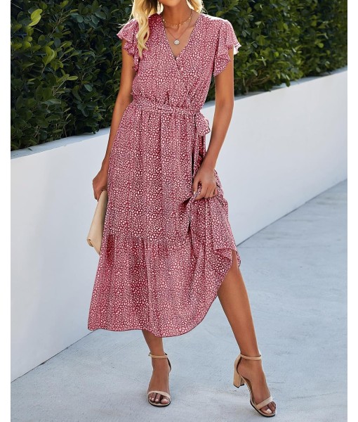 BTFBM Women Summer Bohemian Floral Casual Wrap V Neck Ruffle Cap Sleeveless Belt A-Line Pleated Hem Midi Sun Dress White