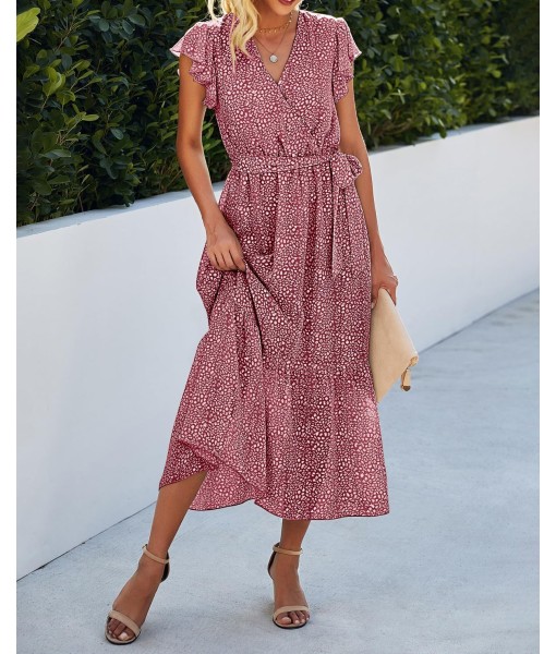 BTFBM Women Summer Bohemian Floral Casual Wrap V Neck Ruffle Cap Sleeveless Belt A-Line Pleated Hem Midi Sun Dress White