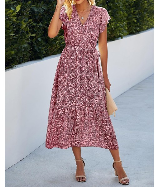 BTFBM Women Summer Bohemian Floral Casual Wrap V Neck Ruffle Cap Sleeveless Belt A-Line Pleated Hem Midi Sun Dress White