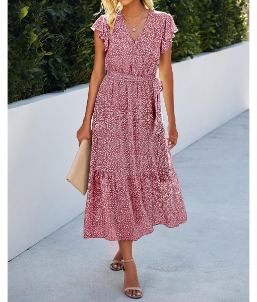 BTFBM Women Summer Bohemian Floral Casual Wrap V Neck Ruffle Cap Sleeveless Belt A-Line Pleated Hem Midi Sun Dress White