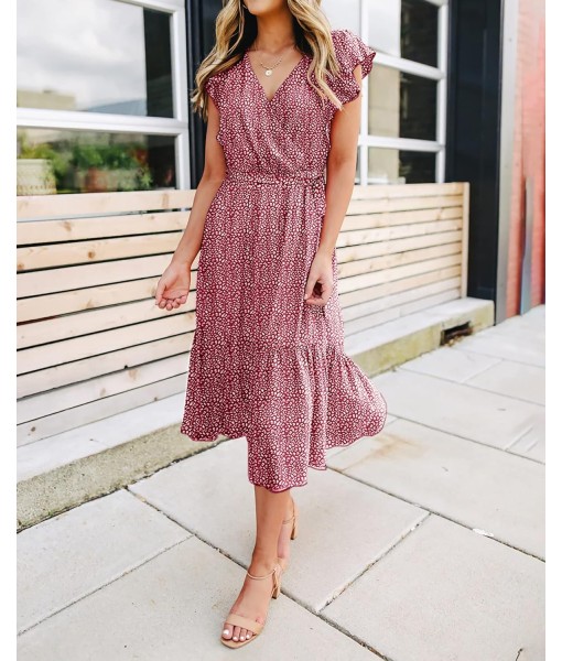 BTFBM Women Summer Bohemian Floral Casual Wrap V Neck Ruffle Cap Sleeveless Belt A-Line Pleated Hem Midi Sun Dress White