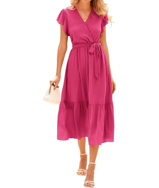 BTFBM Women Summer Bohemian Floral Casual Wrap V Neck Ruffle Cap Sleeveless Belt A-Line Pleated Hem Midi Sun Dress White