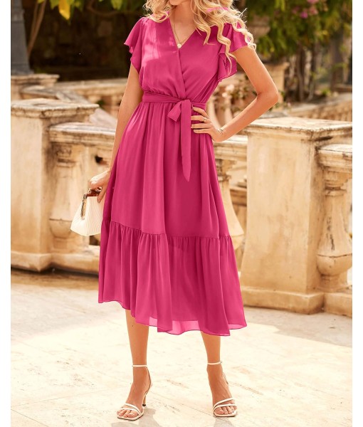 BTFBM Women Summer Bohemian Floral Casual Wrap V Neck Ruffle Cap Sleeveless Belt A-Line Pleated Hem Midi Sun Dress White
