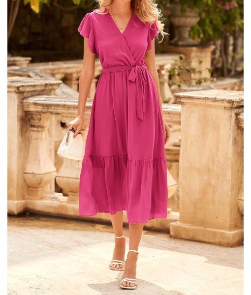 BTFBM Women Summer Bohemian Floral Casual Wrap V Neck Ruffle Cap Sleeveless Belt A-Line Pleated Hem Midi Sun Dress White