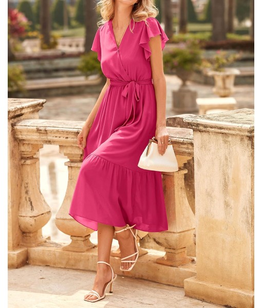 BTFBM Women Summer Bohemian Floral Casual Wrap V Neck Ruffle Cap Sleeveless Belt A-Line Pleated Hem Midi Sun Dress White