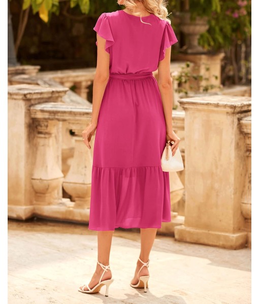 BTFBM Women Summer Bohemian Floral Casual Wrap V Neck Ruffle Cap Sleeveless Belt A-Line Pleated Hem Midi Sun Dress White