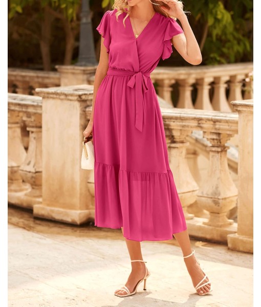 BTFBM Women Summer Bohemian Floral Casual Wrap V Neck Ruffle Cap Sleeveless Belt A-Line Pleated Hem Midi Sun Dress White