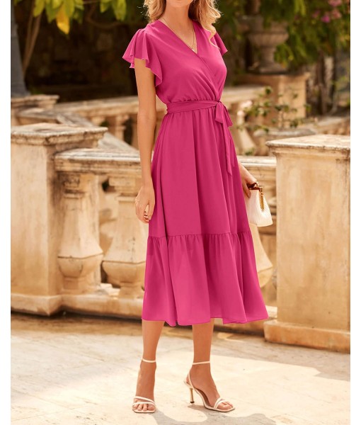 BTFBM Women Summer Bohemian Floral Casual Wrap V Neck Ruffle Cap Sleeveless Belt A-Line Pleated Hem Midi Sun Dress White