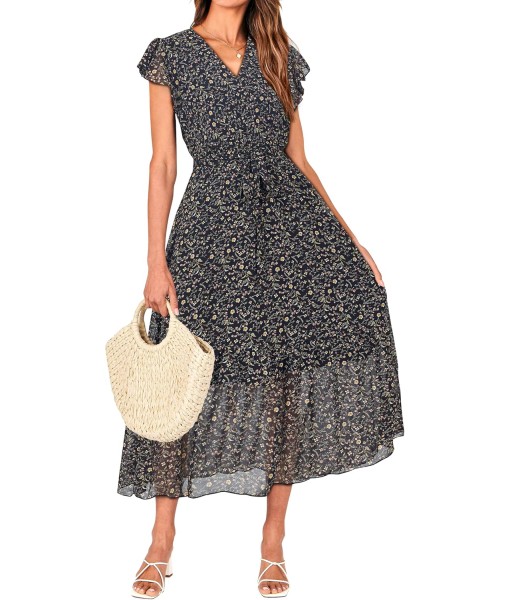 BTFBM Women Summer Bohemian Floral Casual Wrap V Neck Ruffle Cap Sleeveless Belt A-Line Pleated Hem Midi Sun Dress White