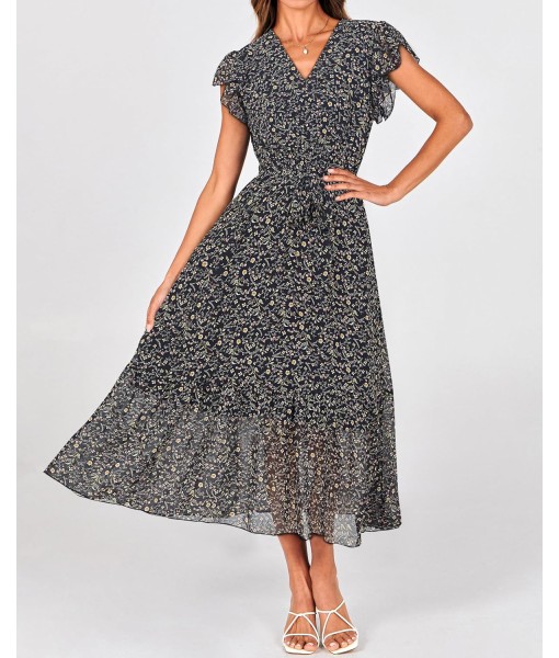 BTFBM Women Summer Bohemian Floral Casual Wrap V Neck Ruffle Cap Sleeveless Belt A-Line Pleated Hem Midi Sun Dress White