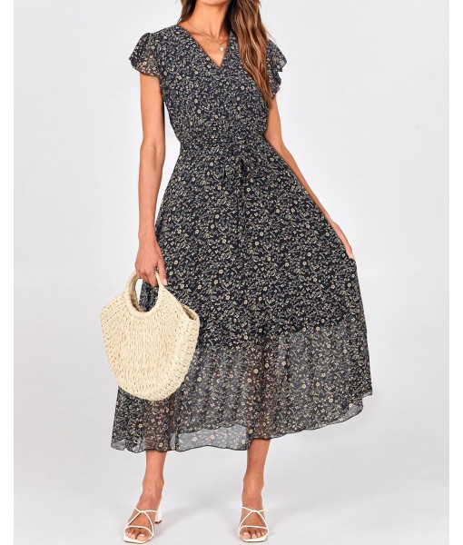 BTFBM Women Summer Bohemian Floral Casual Wrap V Neck Ruffle Cap Sleeveless Belt A-Line Pleated Hem Midi Sun Dress White