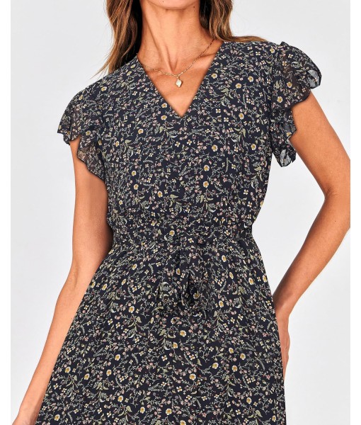 BTFBM Women Summer Bohemian Floral Casual Wrap V Neck Ruffle Cap Sleeveless Belt A-Line Pleated Hem Midi Sun Dress White