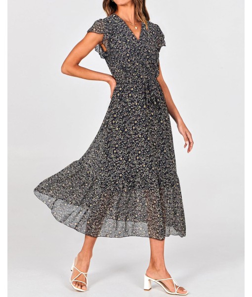 BTFBM Women Summer Bohemian Floral Casual Wrap V Neck Ruffle Cap Sleeveless Belt A-Line Pleated Hem Midi Sun Dress White