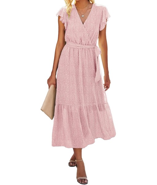 BTFBM Women Summer Bohemian Floral Casual Wrap V Neck Ruffle Cap Sleeveless Belt A-Line Pleated Hem Midi Sun Dress White