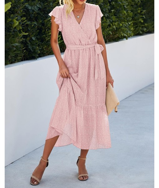 BTFBM Women Summer Bohemian Floral Casual Wrap V Neck Ruffle Cap Sleeveless Belt A-Line Pleated Hem Midi Sun Dress White