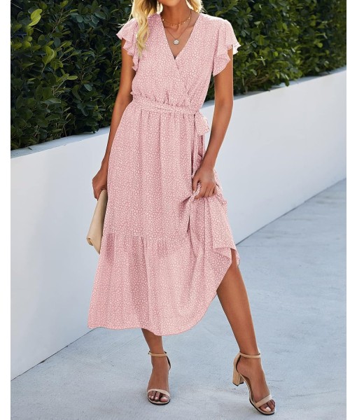 BTFBM Women Summer Bohemian Floral Casual Wrap V Neck Ruffle Cap Sleeveless Belt A-Line Pleated Hem Midi Sun Dress White
