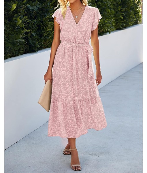 BTFBM Women Summer Bohemian Floral Casual Wrap V Neck Ruffle Cap Sleeveless Belt A-Line Pleated Hem Midi Sun Dress White