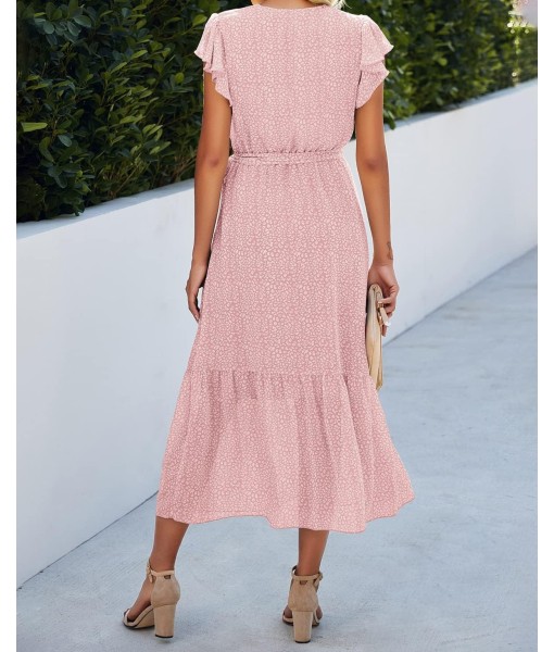BTFBM Women Summer Bohemian Floral Casual Wrap V Neck Ruffle Cap Sleeveless Belt A-Line Pleated Hem Midi Sun Dress White