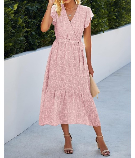 BTFBM Women Summer Bohemian Floral Casual Wrap V Neck Ruffle Cap Sleeveless Belt A-Line Pleated Hem Midi Sun Dress White