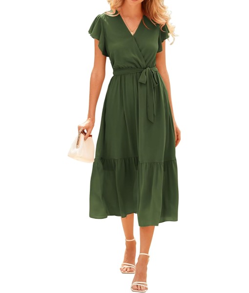 BTFBM Women Summer Bohemian Floral Casual Wrap V Neck Ruffle Cap Sleeveless Belt A-Line Pleated Hem Midi Sun Dress White