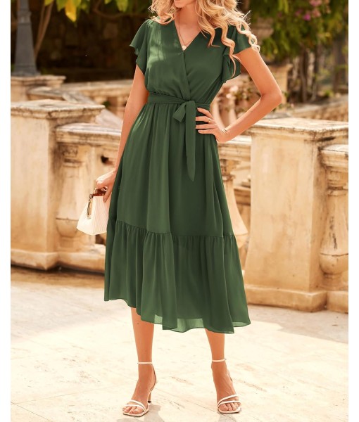 BTFBM Women Summer Bohemian Floral Casual Wrap V Neck Ruffle Cap Sleeveless Belt A-Line Pleated Hem Midi Sun Dress White