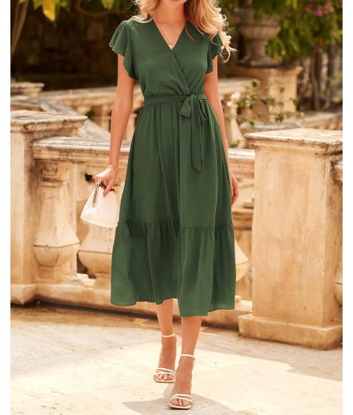 BTFBM Women Summer Bohemian Floral Casual Wrap V Neck Ruffle Cap Sleeveless Belt A-Line Pleated Hem Midi Sun Dress White