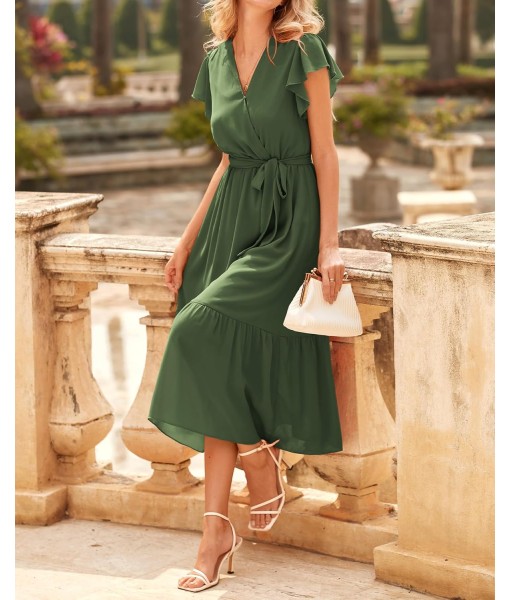 BTFBM Women Summer Bohemian Floral Casual Wrap V Neck Ruffle Cap Sleeveless Belt A-Line Pleated Hem Midi Sun Dress White