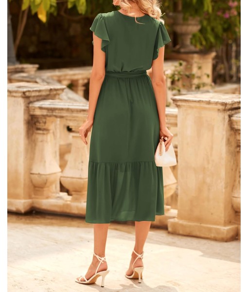 BTFBM Women Summer Bohemian Floral Casual Wrap V Neck Ruffle Cap Sleeveless Belt A-Line Pleated Hem Midi Sun Dress White