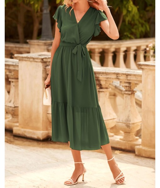 BTFBM Women Summer Bohemian Floral Casual Wrap V Neck Ruffle Cap Sleeveless Belt A-Line Pleated Hem Midi Sun Dress White
