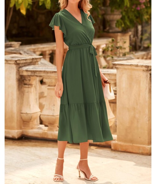 BTFBM Women Summer Bohemian Floral Casual Wrap V Neck Ruffle Cap Sleeveless Belt A-Line Pleated Hem Midi Sun Dress White
