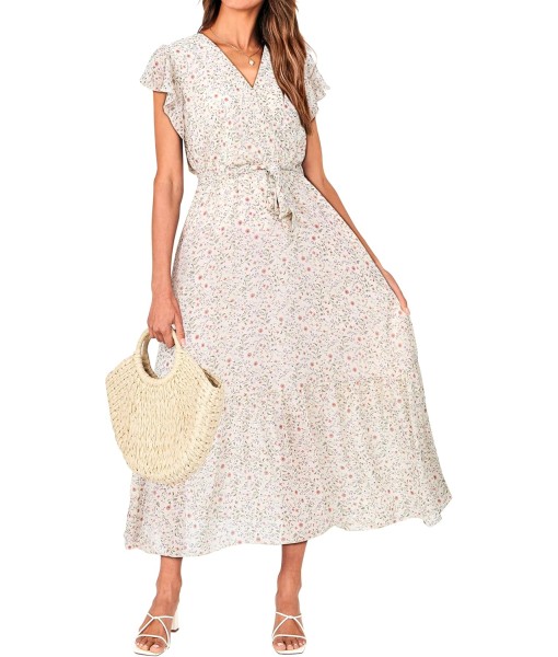 BTFBM Women Summer Bohemian Floral Casual Wrap V Neck Ruffle Cap Sleeveless Belt A-Line Pleated Hem Midi Sun Dress White