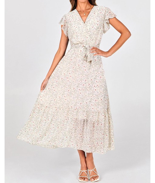 BTFBM Women Summer Bohemian Floral Casual Wrap V Neck Ruffle Cap Sleeveless Belt A-Line Pleated Hem Midi Sun Dress White