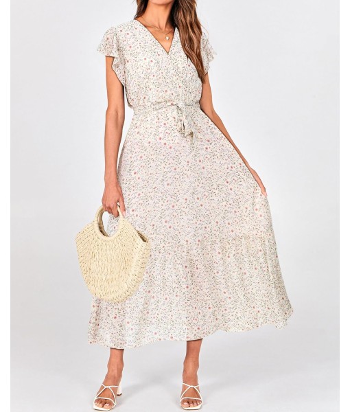 BTFBM Women Summer Bohemian Floral Casual Wrap V Neck Ruffle Cap Sleeveless Belt A-Line Pleated Hem Midi Sun Dress White