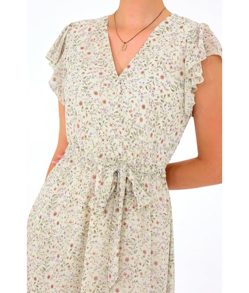 BTFBM Women Summer Bohemian Floral Casual Wrap V Neck Ruffle Cap Sleeveless Belt A-Line Pleated Hem Midi Sun Dress White