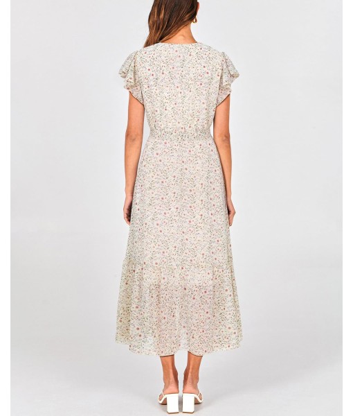 BTFBM Women Summer Bohemian Floral Casual Wrap V Neck Ruffle Cap Sleeveless Belt A-Line Pleated Hem Midi Sun Dress White