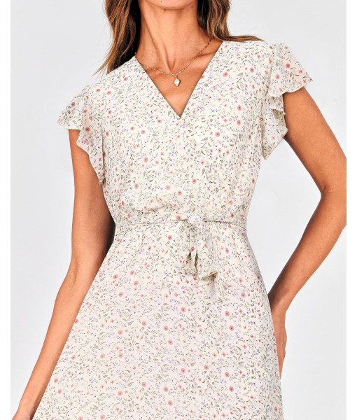 BTFBM Women Summer Bohemian Floral Casual Wrap V Neck Ruffle Cap Sleeveless Belt A-Line Pleated Hem Midi Sun Dress White