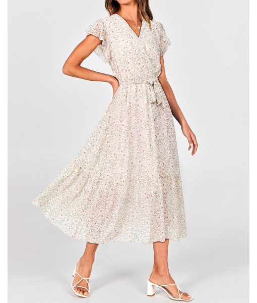 BTFBM Women Summer Bohemian Floral Casual Wrap V Neck Ruffle Cap Sleeveless Belt A-Line Pleated Hem Midi Sun Dress White