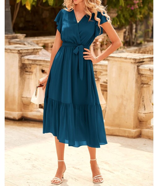 BTFBM Women Summer Bohemian Floral Casual Wrap V Neck Ruffle Cap Sleeveless Belt A-Line Pleated Hem Midi Sun Dress White