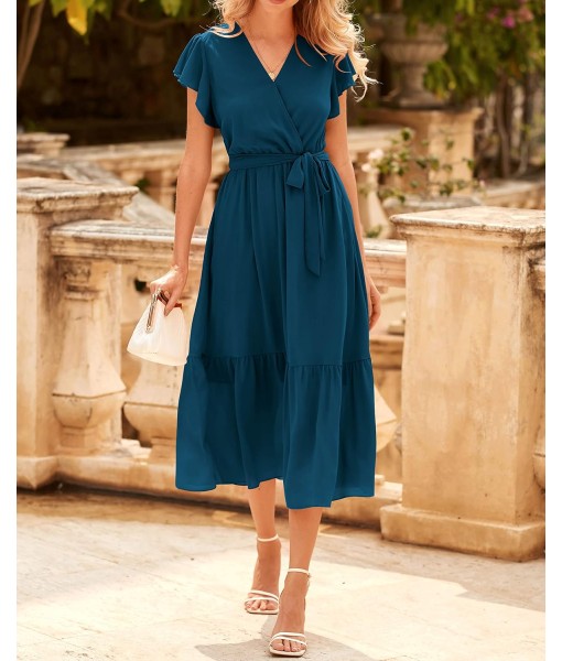 BTFBM Women Summer Bohemian Floral Casual Wrap V Neck Ruffle Cap Sleeveless Belt A-Line Pleated Hem Midi Sun Dress White