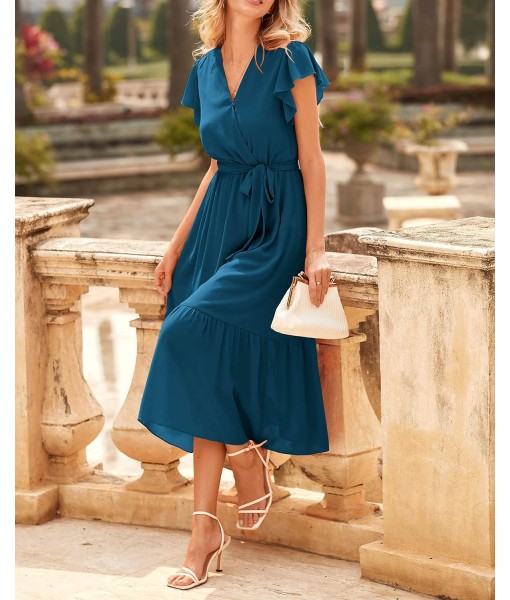 BTFBM Women Summer Bohemian Floral Casual Wrap V Neck Ruffle Cap Sleeveless Belt A-Line Pleated Hem Midi Sun Dress White