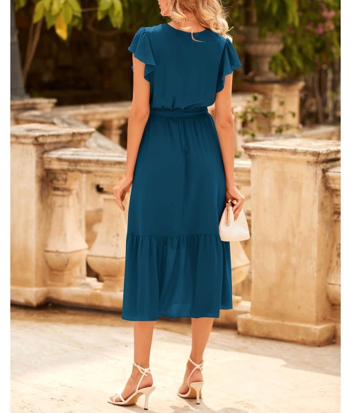 BTFBM Women Summer Bohemian Floral Casual Wrap V Neck Ruffle Cap Sleeveless Belt A-Line Pleated Hem Midi Sun Dress White