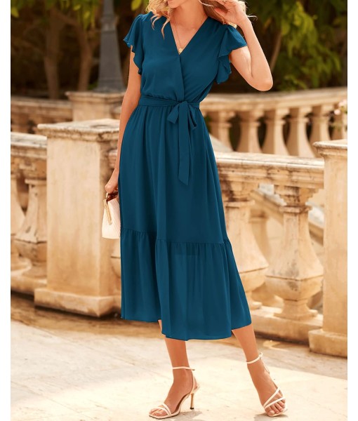 BTFBM Women Summer Bohemian Floral Casual Wrap V Neck Ruffle Cap Sleeveless Belt A-Line Pleated Hem Midi Sun Dress White
