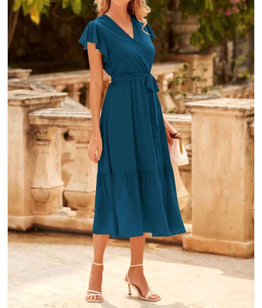 BTFBM Women Summer Bohemian Floral Casual Wrap V Neck Ruffle Cap Sleeveless Belt A-Line Pleated Hem Midi Sun Dress White