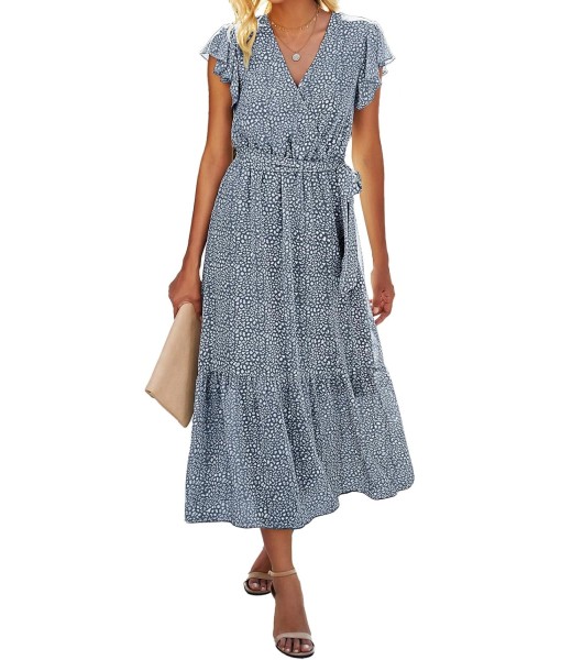 BTFBM Women Summer Bohemian Floral Casual Wrap V Neck Ruffle Cap Sleeveless Belt A-Line Pleated Hem Midi Sun Dress White