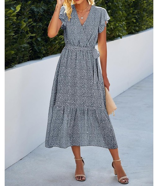 BTFBM Women Summer Bohemian Floral Casual Wrap V Neck Ruffle Cap Sleeveless Belt A-Line Pleated Hem Midi Sun Dress White