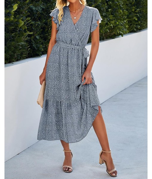 BTFBM Women Summer Bohemian Floral Casual Wrap V Neck Ruffle Cap Sleeveless Belt A-Line Pleated Hem Midi Sun Dress White