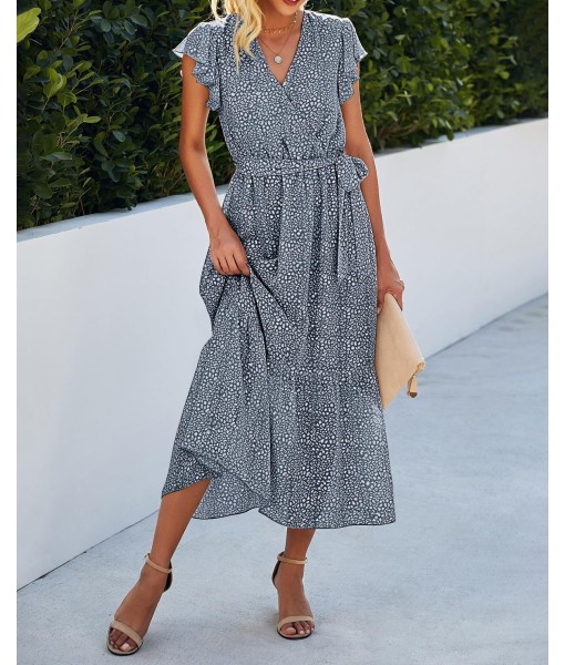 BTFBM Women Summer Bohemian Floral Casual Wrap V Neck Ruffle Cap Sleeveless Belt A-Line Pleated Hem Midi Sun Dress White