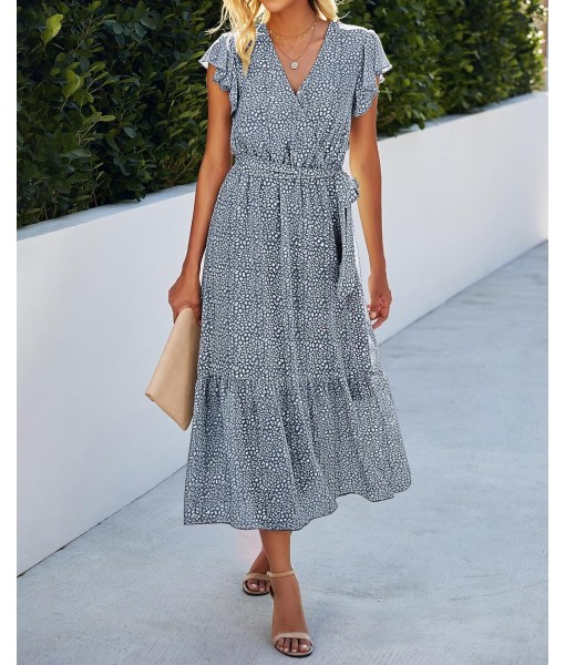 BTFBM Women Summer Bohemian Floral Casual Wrap V Neck Ruffle Cap Sleeveless Belt A-Line Pleated Hem Midi Sun Dress White