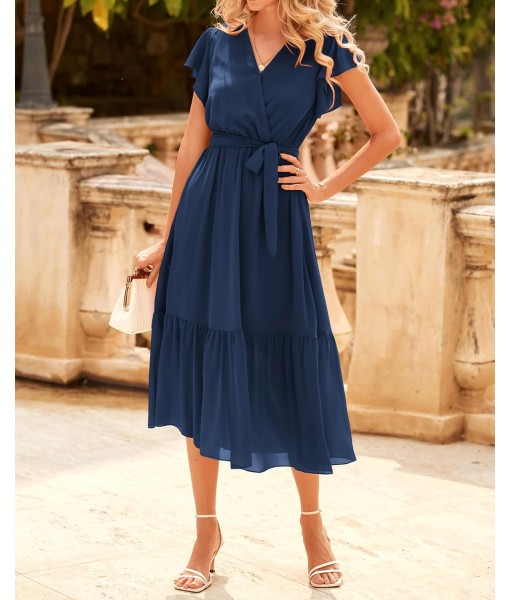 BTFBM Women Summer Bohemian Floral Casual Wrap V Neck Ruffle Cap Sleeveless Belt A-Line Pleated Hem Midi Sun Dress White
